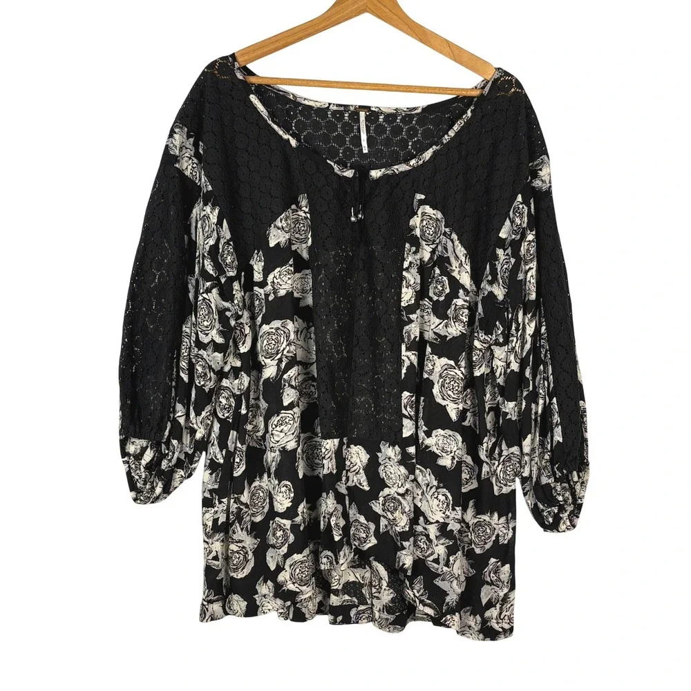 Free People Balloon Sleeve Boho Peasant Tunic M Floral Lace Whimsigoth Romantic